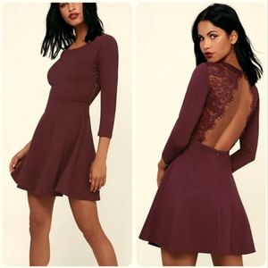 Lulus Felicity plum purple backless lace skater dress, small, (s)